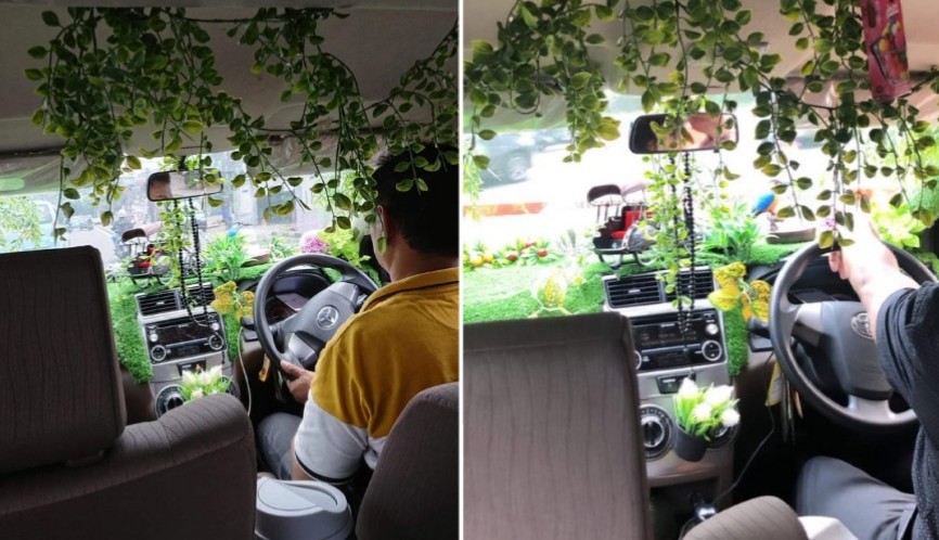 Viral Taksi Online dengan Interior 'Go Green', Kata Netizen Pak Drivernya dari 'Alice In Wonderland'