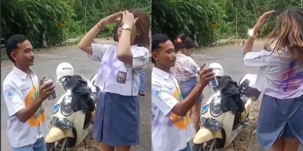 Viral Cewek SMA Coret Baju dengan Kancing Terlepas, Netizen Salfok ke Kumis Cowoknya