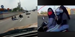 Video Detik-detik Tiga Cewek Boncengan Masuk Tol Bekasi Timur, Akhirnya Jatuh Tersenggol Mobil