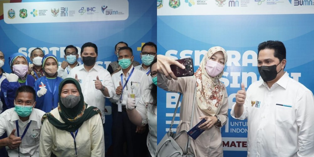 6 Potret Menteri BUMN Erick Thohir di Sentra Vaksin Medan, Humble Selfie Bareng Nakes dan Warga Gaes