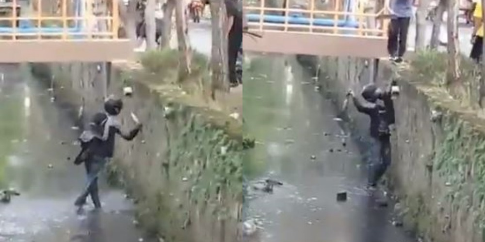 Viral Video Begal Kecebur Sungai, Sempat Acungkan Golok Akhirnya Jatoh Juga