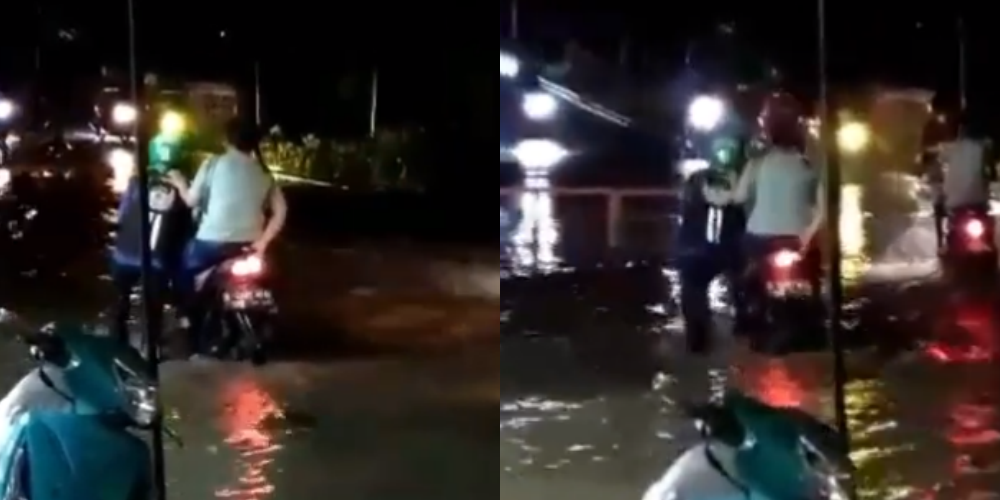 Bikin Salut, Driver Ojol Ini Rela Dorong Motor dan Biarkan Penumpangnya Tetap Duduk saat Terobos Banjir 
