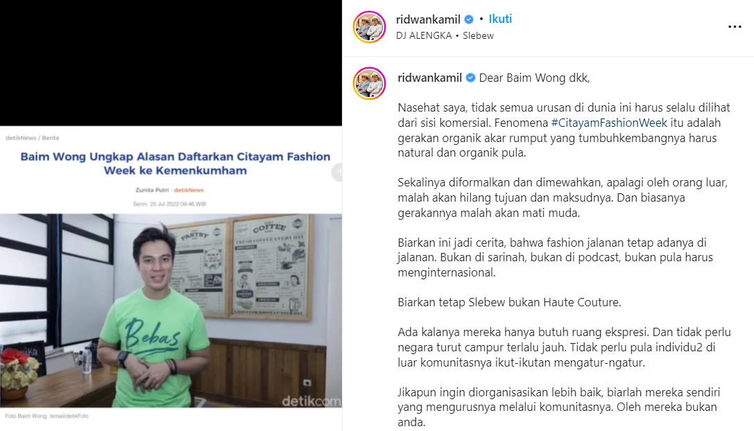Ridwan Kamil Tegur Baim Wong Daftarkan Nama Merek Citayam Fashion Week: Biarkan Tetap Slebew 